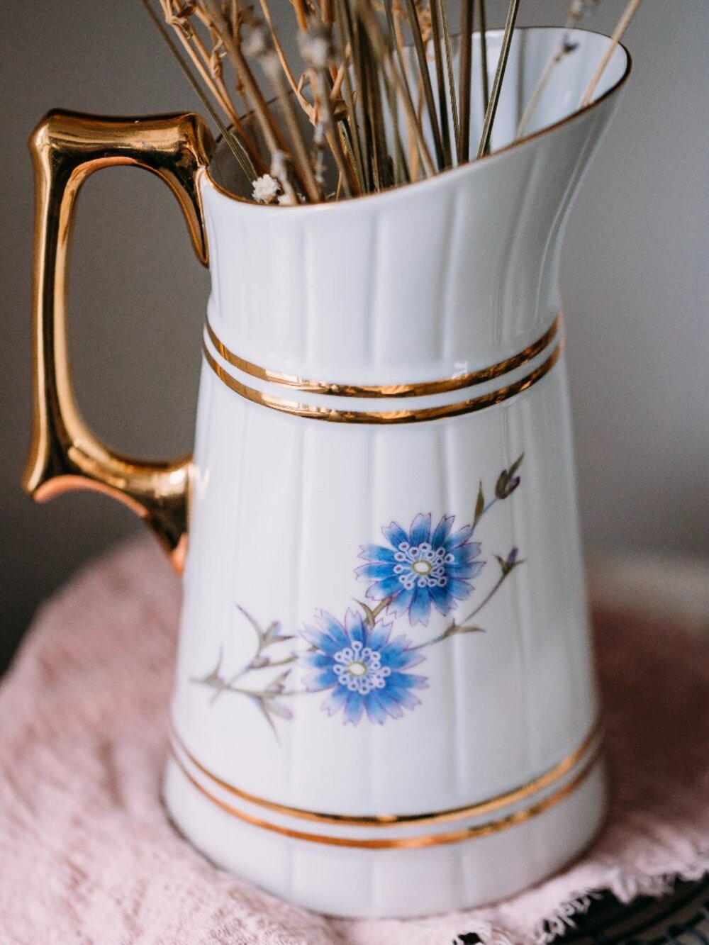 Vintage Porcelain Water Pitcher Carafe, Gold Trim, Cottagecore